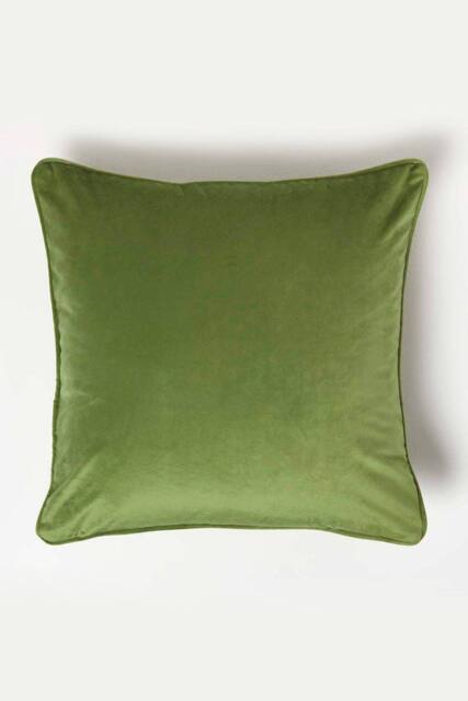 Homescapes Filled Velvet Cushion with Piped Edge 46 x 46 cm in Olive - image 1