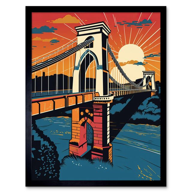 "Artery8 Wall Art Print Clifton Suspension Bridge Sunset Modern Pop Art Framed in Black - Size: W12"" x H16""" - image 1