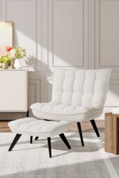 Living and Home Minimal Comfy Chair with Footstool Set for Living Reading Room in Beige - thumbnail 2