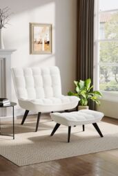 Living and Home Minimal Comfy Chair with Footstool Set for Living Reading Room in Beige