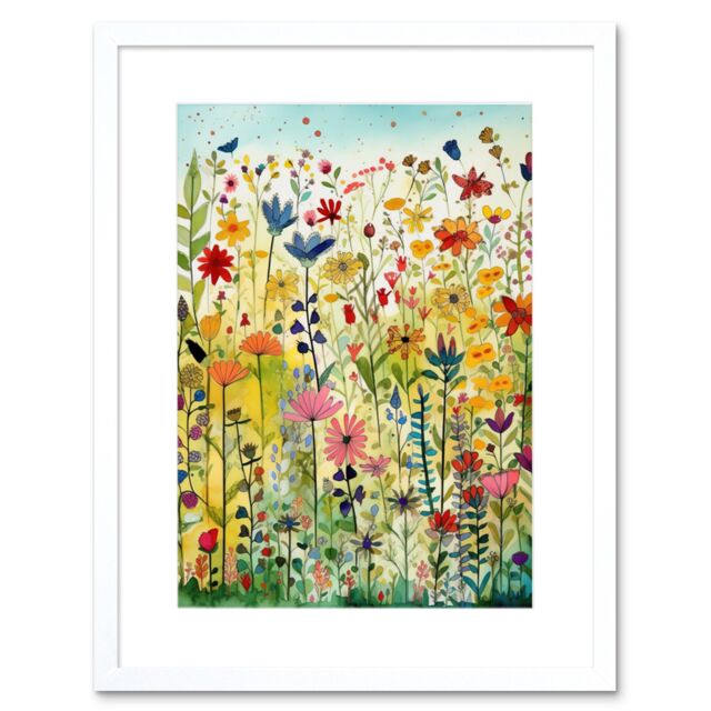 "Artery8 Wall Art Print Mixed Wildflower Bloom In Meadow Folk Artwork Framed 9X7 Inch in White - Size: W7"" x H9""" - image 1