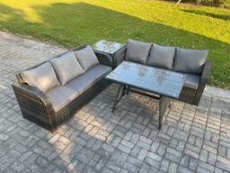 Fimous Garden Furniture Sofa Set Rectangular Dining Table Indoor Outdoor 6 Seater Rattan Set Dark Grey Mixed - thumbnail 1
