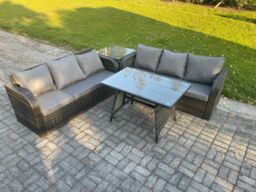 Fimous Garden Furniture Sofa Set Rectangular Dining Table Indoor Outdoor 6 Seater Rattan Set Dark Grey Mixed - thumbnail 2
