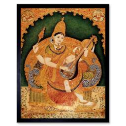 "Artery8 Painting Krishnappa Hindu Goddess Saraswati 12x16"" Framed Art Print in Orange - Size: W12"" x H16""" - thumbnail 1