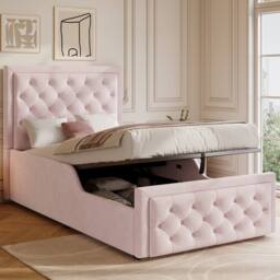 Matteo Children's Upholstered Bed - Velvet Pink Hydraulic Storage - Single