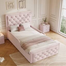 Matteo Children's Upholstered Bed - Velvet Pink Hydraulic Storage - Single - thumbnail 4