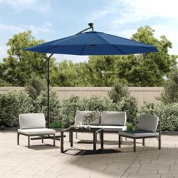 Berkfield Home Cantilever Umbrella with LED Lights & Steel Pole 300 cm Azure in Blue - thumbnail 1