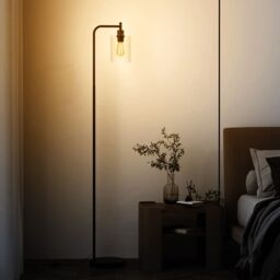Gymax Industrial Floor Lamp Standing Pole Light With Hanging Glass Lampshade in Black - thumbnail 5