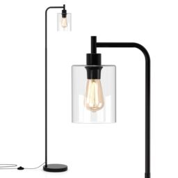 Gymax Industrial Floor Lamp Standing Pole Light With Hanging Glass Lampshade in Black - thumbnail 1