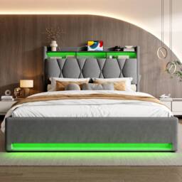 Matteo Dark Grey Velvet King Bed Frame with LED Lights & Hydraulic Storage - thumbnail 3