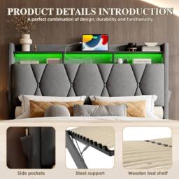 Matteo Dark Grey Velvet King Bed Frame with LED Lights & Hydraulic Storage - thumbnail 8