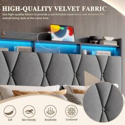Matteo Dark Grey Velvet King Bed Frame with LED Lights & Hydraulic Storage - thumbnail 9
