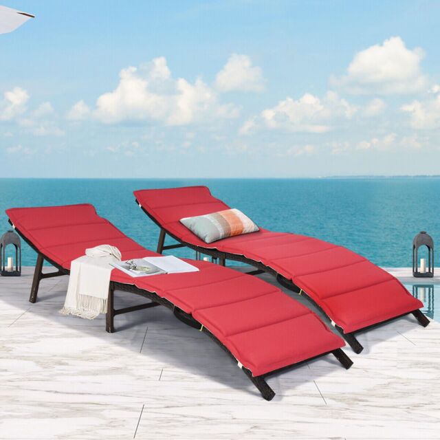 Costway 2PCS Folding Chaise Lounge Double-sided Cushioned Seat Wicker Outdoor Lounger