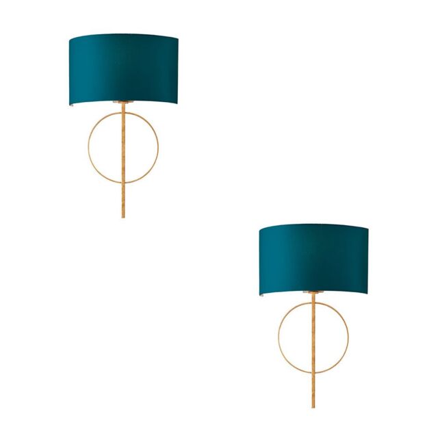 Loops 2 PACK Antique Gold Leaf Wall Light & Teal Satin Shade Dimmable Filament Lamp - image 1