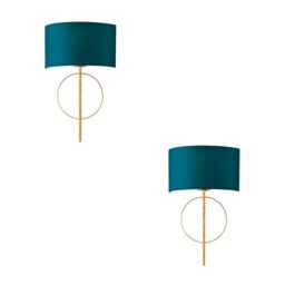 Loops 2 PACK Antique Gold Leaf Wall Light & Teal Satin Shade Dimmable Filament Lamp