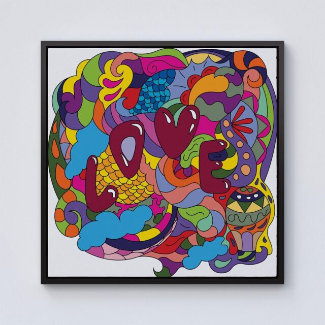"Warren Reed - Designer Motley Doodling Love Framed Canvas in Black - Size: W16"" x H16""" - image 1