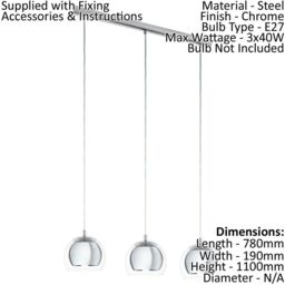 Loops Pendant Ceiling Light Colour Chrome Plated Shade Clear Glass Bulb E27 3x40W - thumbnail 2
