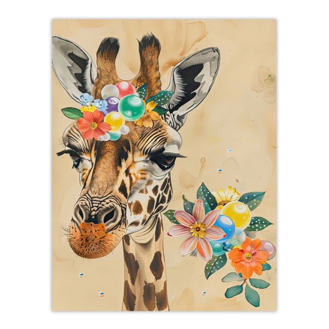 "Artery8 Floral Beads Cute Giraffe Headband Collage Wall Art Print in Beige - Size: W24"" x H32""" - image 1