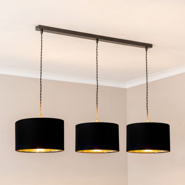 ValueLights Reni Metallic Drum Shade 3 Drop Bar Matte Black Diner Ceiling Light & Bulbs in Gold - image 1