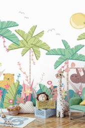 Origin Murals Jungle Animals Wall Mural in Pale Green - Size: W350 cm x H280 cm - thumbnail 1