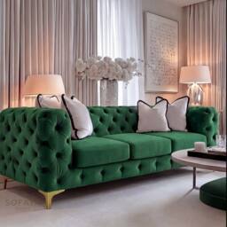 Sofaya Monaco Chesterfield Velvet Cushions Sofa 3 Seater Couch in Green