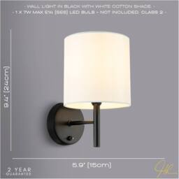Happy Homewares Contemporary Bedside Wall Lamp with Toggle Switch & White Fabric Shade in Black - thumbnail 6