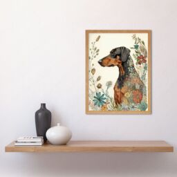 "Artery8 Wall Art Print Doberman Dog with Spring Flowers Colourful Watercolour Art Framed in Light Oak - Size: W12"" x H16""" - thumbnail 2