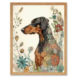 "Artery8 Wall Art Print Doberman Dog with Spring Flowers Colourful Watercolour Art Framed in Light Oak - Size: W12"" x H16""" - thumbnail 1