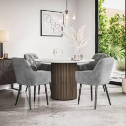More4Homes Arlo White Marble Table Top W Walnut Leg + Anika Velvet Dining Chair 4 in Grey