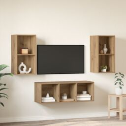 Berkfield Home TV Cabinet Set with Shelf Wall-mounted 3 pcs Artisan oak 37 x 37 x 107 cm in Brown - thumbnail 4