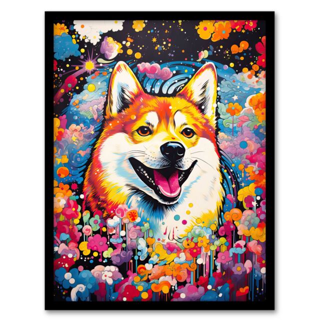 "Artery8 Wall Art Print Shiba Inu Dog Lover Gift Pet Portrait Colourful Artwork Painting Art Framed - Size: W12"" x H16""" - image 1