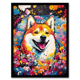 "Artery8 Wall Art Print Shiba Inu Dog Lover Gift Pet Portrait Colourful Artwork Painting Art Framed - Size: W12"" x H16""" - thumbnail 1