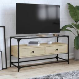 Berkfield Home TV Cabinet with Glass Top Sonoma Oak 98x35x51 cm Engineered Wood in Light Oak - Size: 98 x 35 x 51 cm - thumbnail 2
