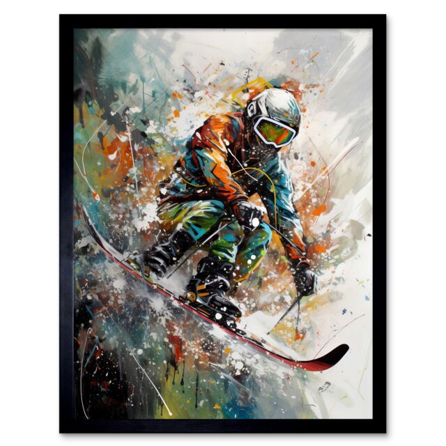 "Artery8 Wall Art Print Skier Skiing Winter Sport Paint Splat Painting Art Framed in Black - Size: W12"" x H16""" - image 1