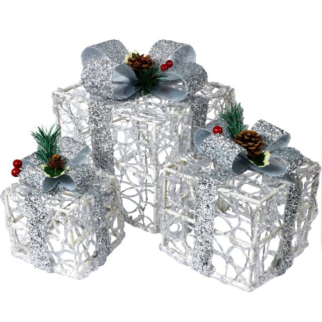 Pegdev Festive Set of 3 Silver LED Xmas Boxes Battery Operated Timer 8 Patterns 60 LEDs - image 1