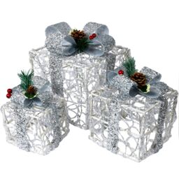 Pegdev Festive Set of 3 Silver LED Xmas Boxes Battery Operated Timer 8 Patterns 60 LEDs