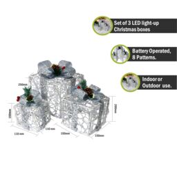 Pegdev Festive Set of 3 Silver LED Xmas Boxes Battery Operated Timer 8 Patterns 60 LEDs - thumbnail 2