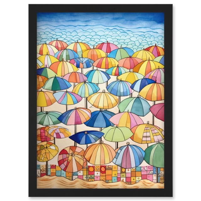 Artery8 Summer At The Seaside With Colourful Beach Umbrellas On The Sand Watercolour Painting Artwork Framed Wall Art Print A4 in Black - image 1