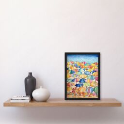 Artery8 Summer At The Seaside With Colourful Beach Umbrellas On The Sand Watercolour Painting Artwork Framed Wall Art Print A4 in Black - thumbnail 2