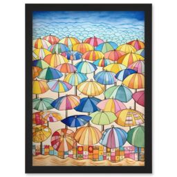 Artery8 Summer At The Seaside With Colourful Beach Umbrellas On The Sand Watercolour Painting Artwork Framed Wall Art Print A4 in Black - thumbnail 1