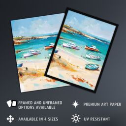 "Artery8 Sandy Beach Bay Fishing Boats Coastal Landscape Wall Art Print in Blue - Size: W12"" x H16""" - thumbnail 2