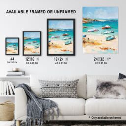 "Artery8 Sandy Beach Bay Fishing Boats Coastal Landscape Wall Art Print in Blue - Size: W12"" x H16""" - thumbnail 3