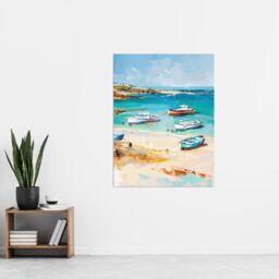 "Artery8 Sandy Beach Bay Fishing Boats Coastal Landscape Wall Art Print in Blue - Size: W12"" x H16""" - thumbnail 4
