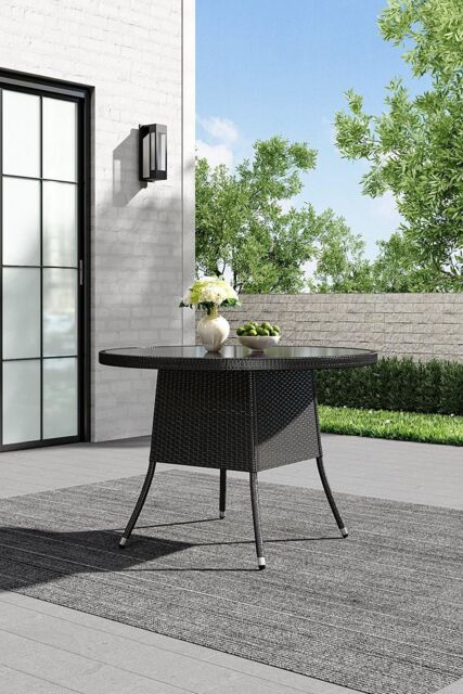 Garden Sanctuary 105cm Dia Round Wicker Tempered Glass Garden Table With Parasol Hole in Black - image 1