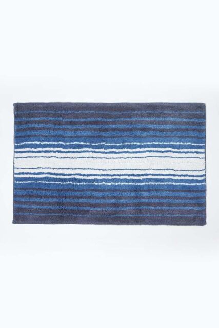 Homescapes Blue & White Stripe Cotton Bath Mat - image 1