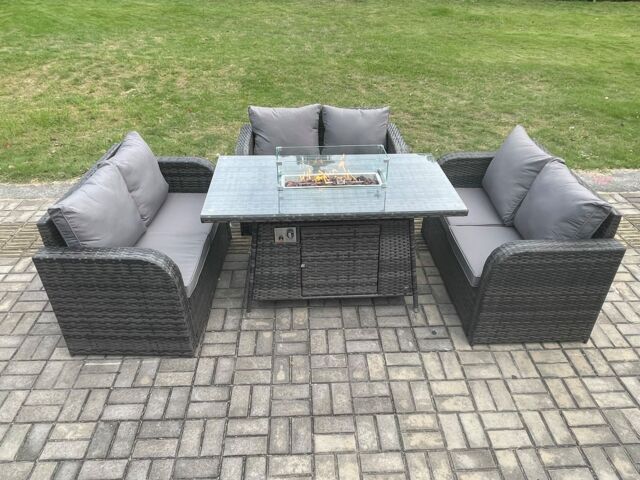 Fimous Rattan Outdoor Garden Furniture Sofa Set Gas Fire Pit Dining Table Gas Heater with Love Sofa Dark Grey Mixed - image 1