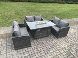 Fimous Rattan Outdoor Garden Furniture Sofa Set Gas Fire Pit Dining Table Gas Heater with Love Sofa Dark Grey Mixed - thumbnail 3