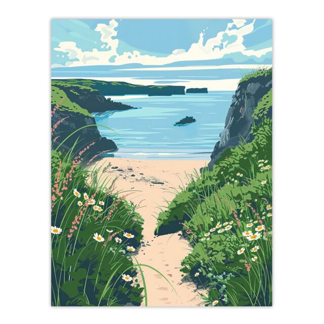 "Artery8 Barafundle Bay Seaside Spring Flowers Wales Beach Wall Art Print in Blue - Size: W24"" x H32""" - image 1