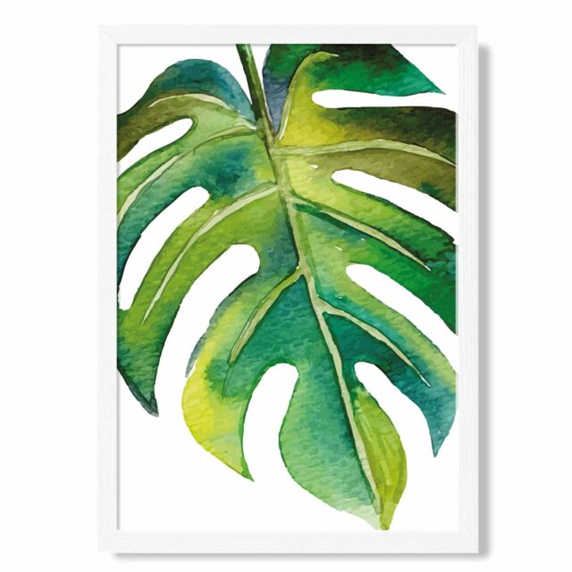 ARTZE Tropical Leaf Abstract Watercolour Botanical Framed Print SIZE: A3 with White Frame in Green - Size: A4 - image 1