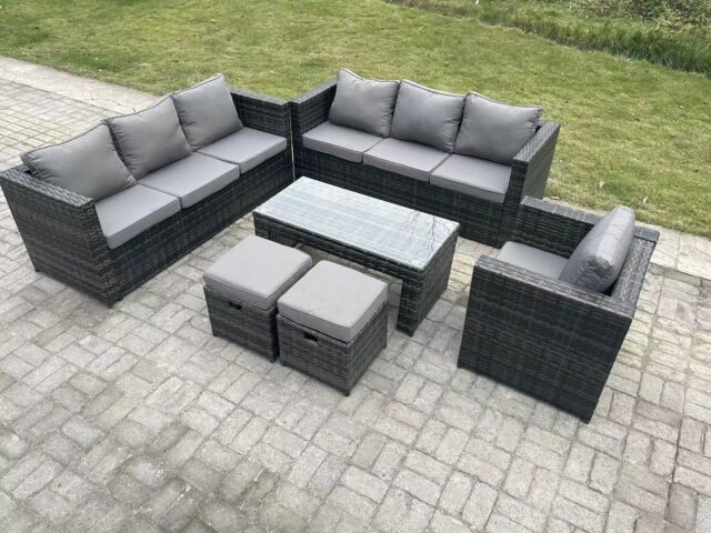 Fimous Outdoor Rattan Garden Furniture Lounge Sofa Set With Oblong Rectagular Coffee Table 2 Stools in Dark Grey - image 1